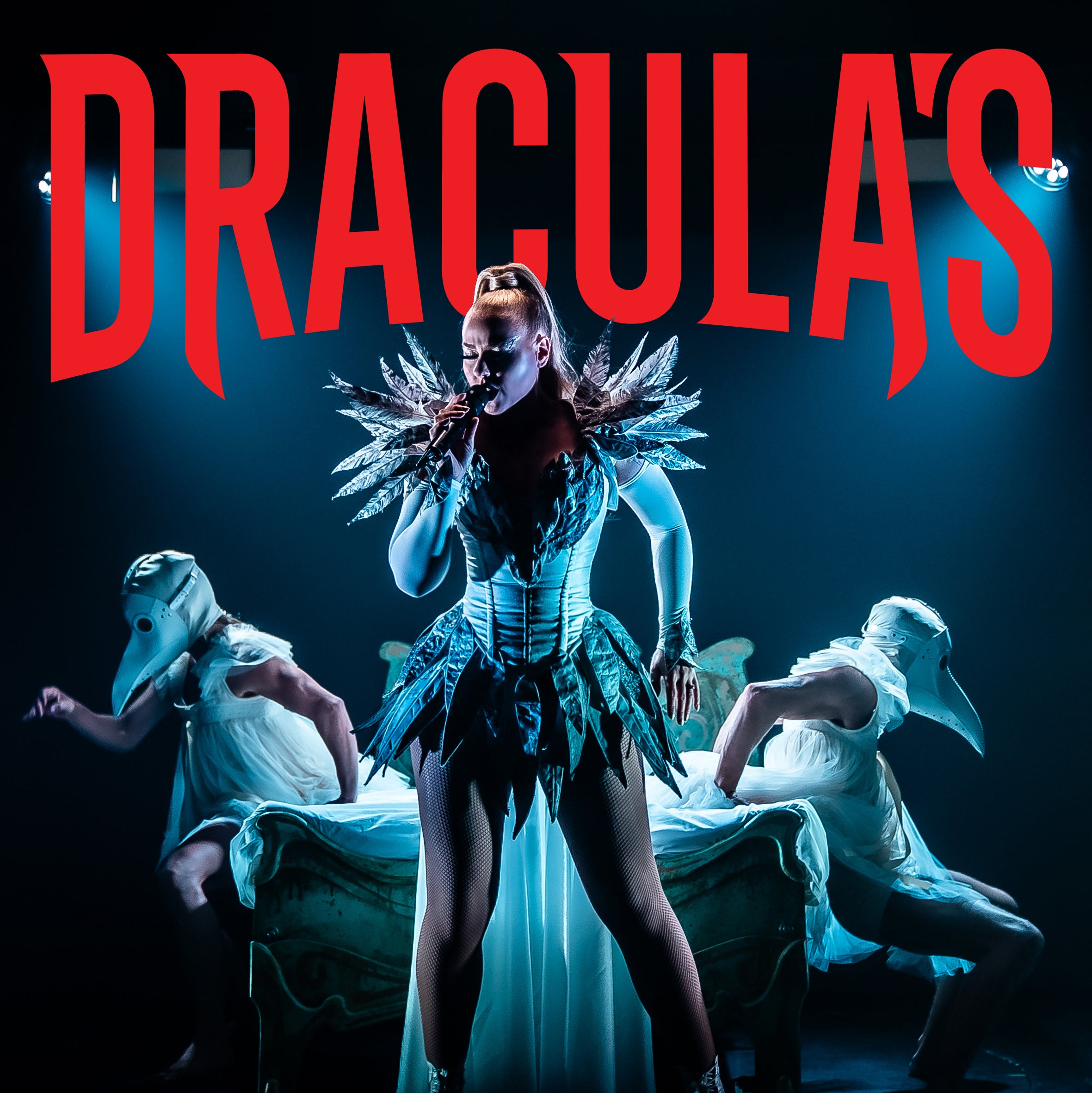 The word 'DRACULA'S' in red letters with a person in a costume and two other figures in the background.